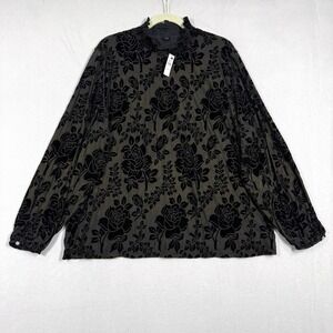 Talbots Top Women 3X Black Velvet Burnout Floral Evening Blouse Smocked Neck NWT